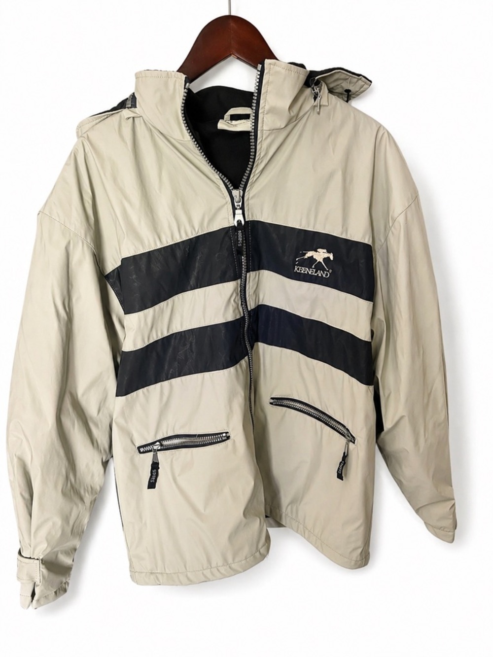 Vintage Keeneland Racing Men's Beige and Black Windbreaker Jacket